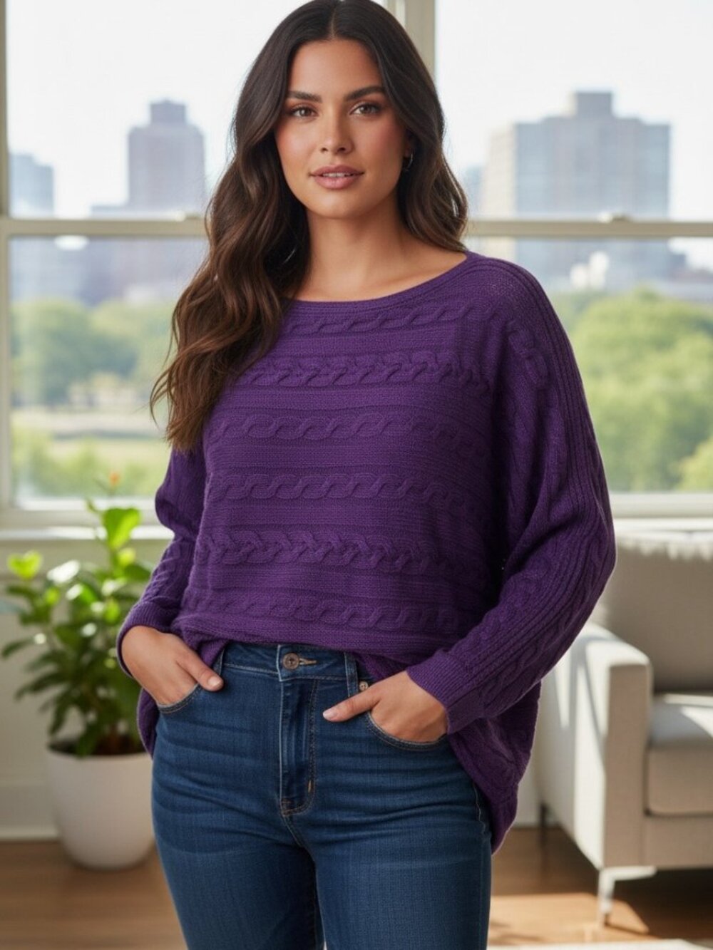 Lauren Ralph Lauren Purple Cable Knit Sweater XL Cotton Viscose Old Money Style